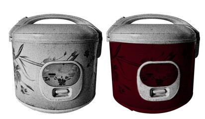 Aufkleber - Rice Cooker in halftone style illustration with a transparent background. Bold color and a retro, graphic print aesthetic. Ideal for poster and collage design element