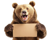 Bear making silly face while holding blank sign, showcasing playful expression. This humorous image captures charm of wildlife in fun way