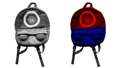 Aufkleber - Kid Backpack in halftone style illustration with a transparent background. Bold color and a retro, graphic print aesthetic. Ideal for poster and collage design element