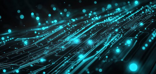 Wall Mural - deep turquoise digital lines stretch across a black background in a futuristic tech style.