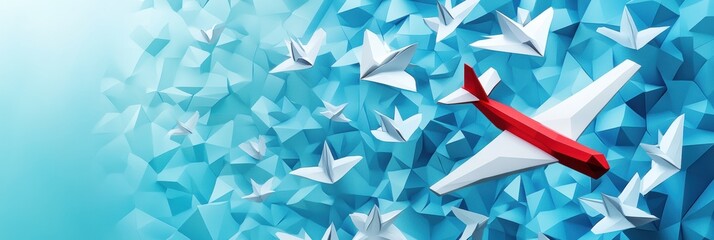 Aufkleber - Formation of paper planes led by a striking red and white airplane in a brilliant blue sky. Generative AI
