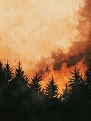 Poster - Intense forest fire with flames and smoke in warm hues provides backdrop for impactful messaging in the sky. Generative AI
