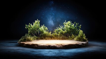 Illuminated rock platform with foliage, dark background. Possible use product display