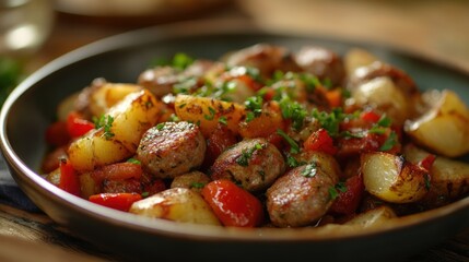 Wall Mural - Hearty Bowl of Italian Sausage and Peppers Sautéed with Potatoes and Fresh Herbs in a Rustic Setting