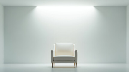 single luxurious chair placed in minimalist room with soft lighting creates serene atmosphere. simplicity enhances elegance of design, inviting relaxation