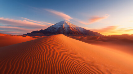 Wall Mural - stunning snow capped mountain rises majestically above golden sand dunes, showcasing breathtaking contrast between icy peaks and warm desert landscape at sunset