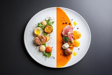 Aufkleber - Gourmet culinary presentation featuring exquisite dishes on a beautifully arranged plate. Generative AI