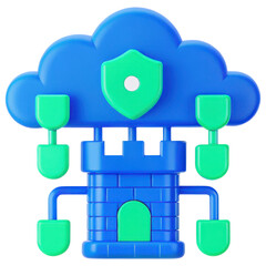 Poster - secure cloud storage concept, Digital fortress with cloud and shield design Clipart Photo isolated on transparency background
