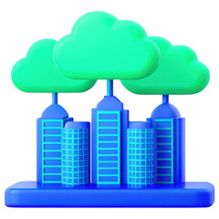 Poster - secure cloud storage concept, Futuristic city with green clouds and blue buildings Clipart Photo isolated on transparency background