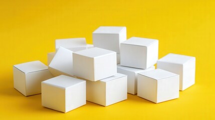Poster - a collection of white cubes arranged artistically on a vibrant yellow background