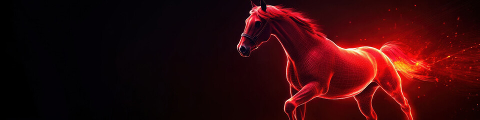 Wall Mural - vibrant red glowing horse gallops through dark background, showcasing its dynamic energy and strengt