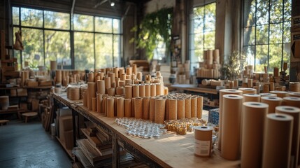 Poster - A bustling creative workspace filled with various cylindrical paper products and natural light