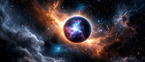 Wall Mural - Cosmic explosion displaying vibrant nebulae and planets outer space digital art celestial environment wide angle view universe concepts