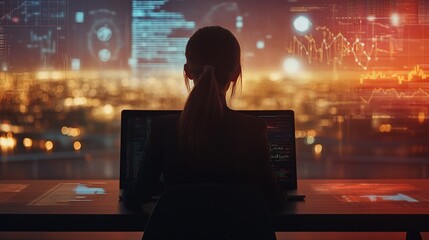 Poster - Rear view of a focused businesswoman analyzing data on a laptop screen with graphs, charts, and diagrams in a modern office setting – technology, financial analytics, and digital business strategy con