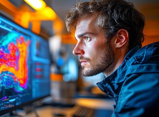 focused male analyzing complex data visualization on computer screen for science research