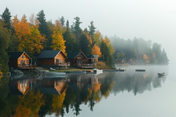Aufkleber - Serenity of a foggy autumn morning by the lake with tranquil cabins and colorful trees reflecting on the water. Generative AI