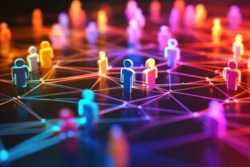 Fototapete - Colorful 3D avatars interconnected by glowing lines represent modern digital social interaction and engagement in a virtual world. Generative AI