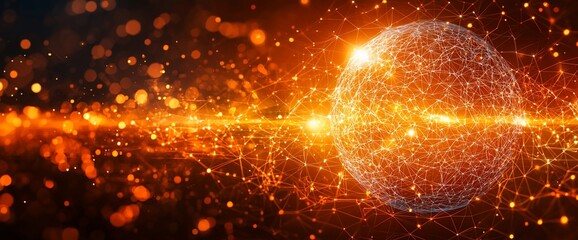 Abstract sphere network, orange lights, digital art, background