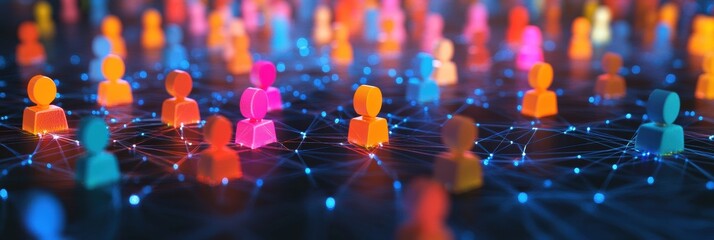Aufkleber - Colorful 3D avatars connected through glowing network lines represent digital social interaction in a virtual environment. Generative AI