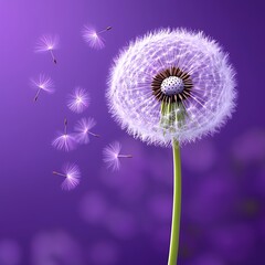 Poster - White Dandelion Seeds Dispersing Against Purple Background