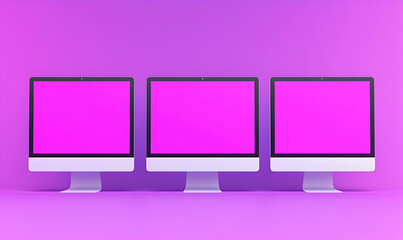 Poster - Three Desktop Monitors with Blank Screens on Purple Background