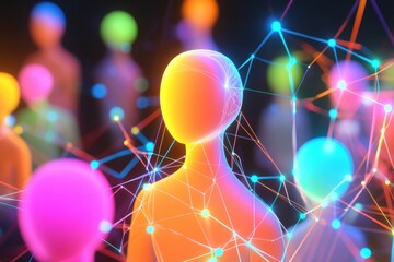 Fototapete - Colorful 3D avatars connected by glowing network lines representing digital social interactions. Generative AI