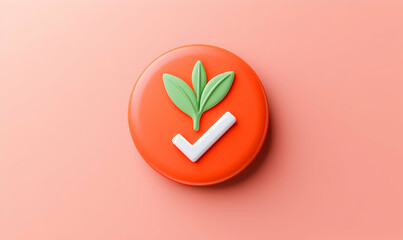 Poster - Leaf Icon on Circular Badge with Checkmark in Bright Orange Background