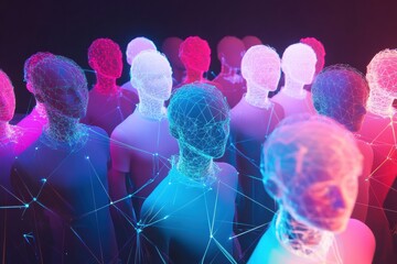 Fototapete - Colorful 3D avatars connected by glowing lines showcasing digital social media interaction and community building. Generative AI