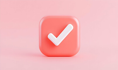 Poster - Glossy Coral Checkmark Icon on Soft Pink Background for Design Use
