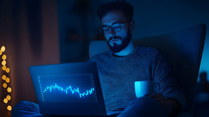 Poster - Young Man Analyzing Data on Laptop with Coffee in Cozy Night Setting
