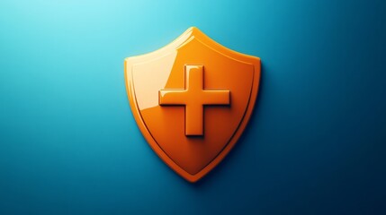 Poster - Orange shield with cross symbol on blue background, representing security and protection. Modern digital protection and safety concept