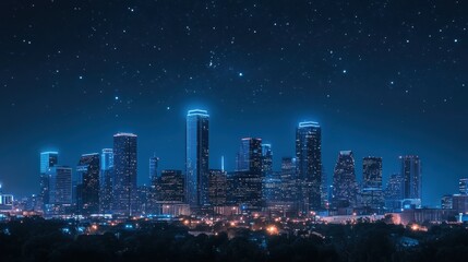 Aufkleber - Bright city skyline illuminated at night with twinkling stars above a vibrant urban landscape. Generative AI