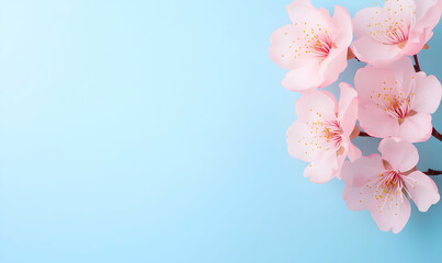 Poster - Delicate Pink Cherry Blossom Flowers on Soft Light Blue Background