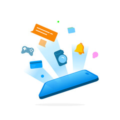 Poster - Flat illustration smartphone with various feature icons on the screen, representing Super App,  all in one multifunctional mobile application. Perfect for digital services concepts