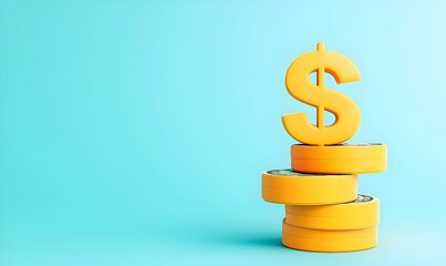Poster - Bright Yellow Coin Stacks with Dollar Sign on Light Blue Background
