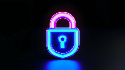 Poster - Neon Lock Icon with Shield Shape on Dark Background for Security Concept