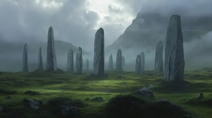 Canvas Print - Ancient Stone Monuments in a Misty Highland Meadow