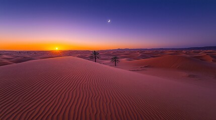 Poster - Desert Sunrise, Dunes, Palm Trees