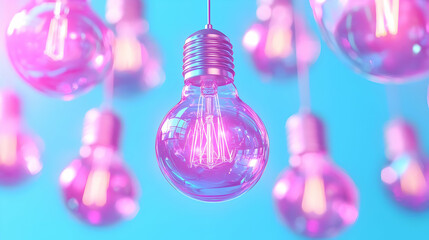 Poster - Colorful Pink Light Bulbs Hanging in a Vibrant Blue Background