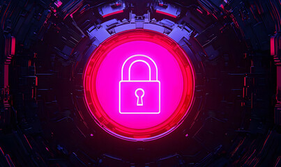 Poster - Neon Lock Icon with Futuristic Background in Bold Colors
