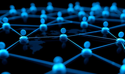 Poster - Blue Network Connections with Nodes and Global Map Displayed