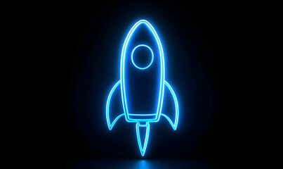 Poster - Neon Rocket Icon in Bright Blue Glow Against Dark Background