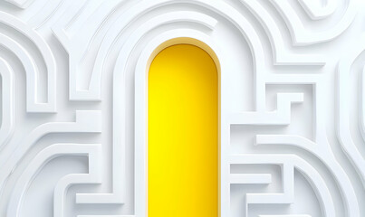 Poster - Abstract White Maze with Yellow Archway and Curved Lines Design