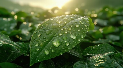 Sticker - Dew-kissed leaves in a field at sunrise