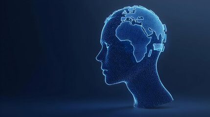 Poster - Human Head Silhouette with Digital World Map Visualization