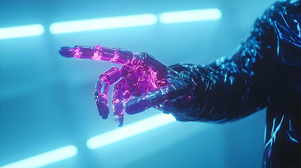 Poster - Futuristic Robotic Hand Reaching with Neon Glow in Dark Environment