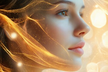 Poster - Golden lines flow around young womans face, illustrating the effect of cosmetic lifting treatment in a soft glow. Generative AI