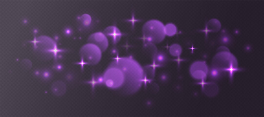 Wall Mural - purple bokeh with stars and sparkles, shiny overlay decoration isolated on dark background. vector i