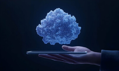 Poster - Hand Holding Device with Digital Cloud Concept and Technology Background