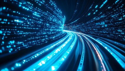 digital data tunnel, fast motion, futuristic city, abstract background